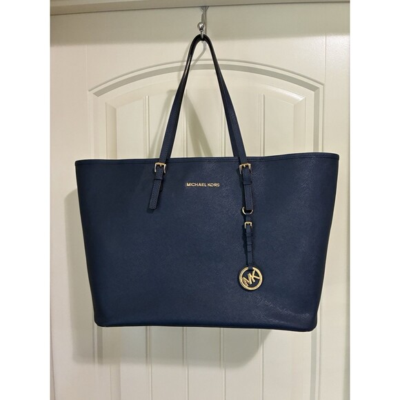 Authentic Michael Kors Jet Set Saffiano Leather Tote Bag Large Navy Blue Travel - Picture 1 of 8